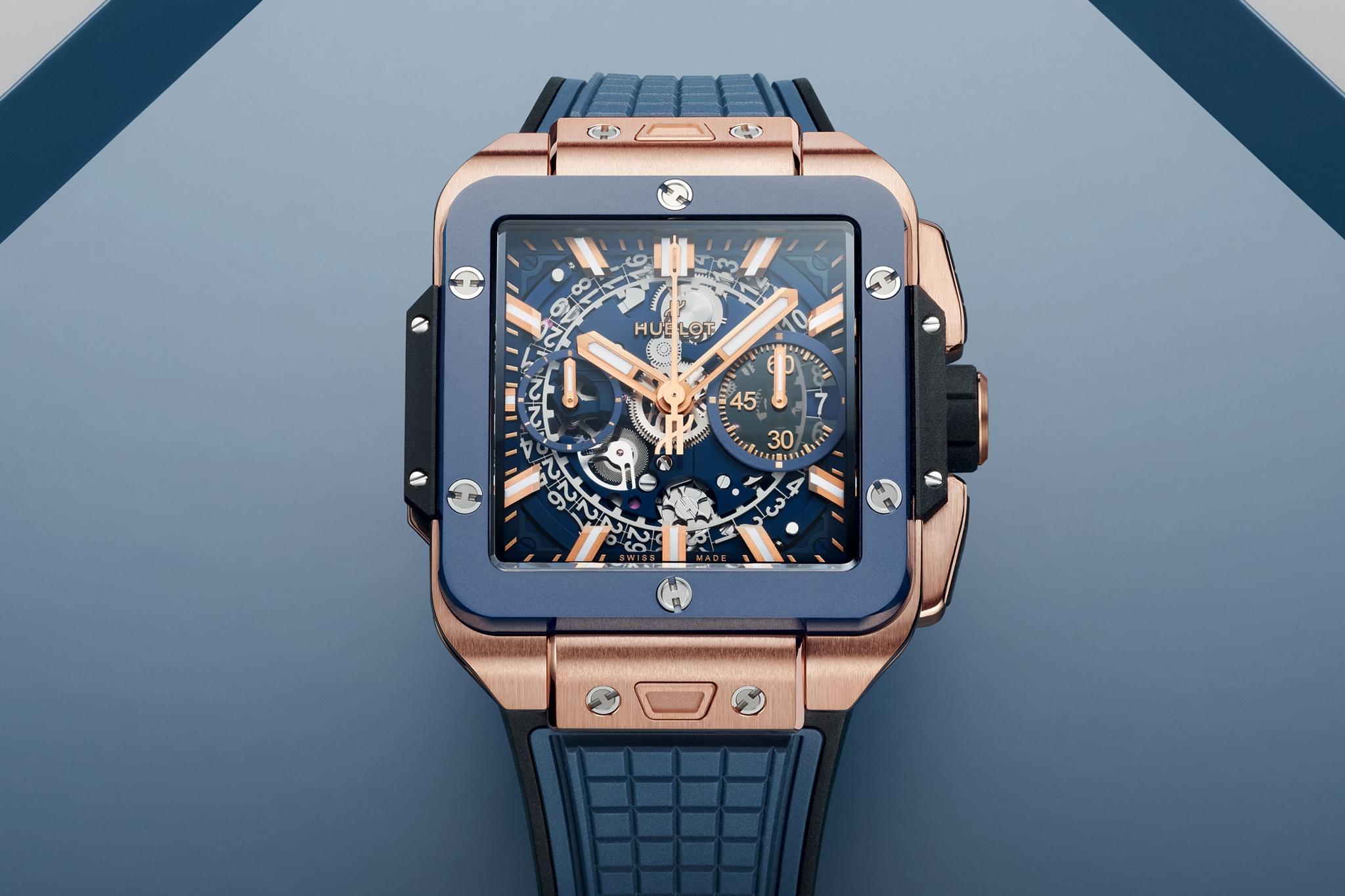 Men's watch / unisex  HUBLOT, Square Bang Unico King Gold Blue Ceramic / 42mm, SKU: 821.OL.5180.RX | watchphilosophy.co.uk